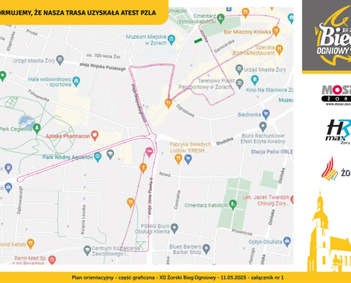 na grafikach w klimacie ogniowym logo wydarzenia, mapa przebiegu trasy i logo oraz ilustracja kościoła i biegaczy