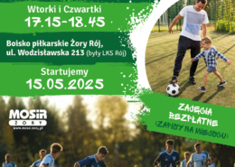 na plakacie zdjęcia dzieci grających w piłkę nożną i informacje o zajęciach piłkarskich oraz logo