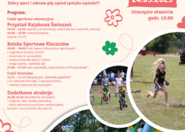 plakat zapowiada wydarzenie „Dzień Sąsiada” w Kleszczowie, przedstawia szczegółowy program sportowo-rekreacyjny i biesiadny na 24 maja 2025 roku oraz kolorowe zdjęcia dzieci bawiących się na świeżym powietrzu