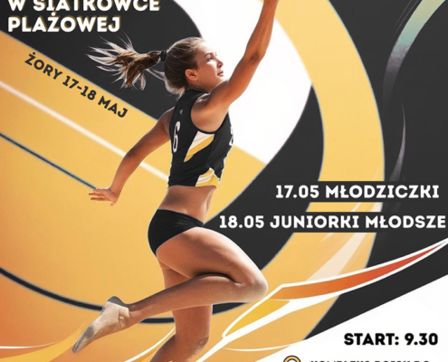na plakacie zdjęcie zawodniczki grającej w siatkówkę plażową i szczegóły dot. mistrzostw