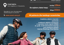 na plakacie informacje o rajdzie rowerowym, logo i zdjęcie rodziny z rowerami na zewnętrz