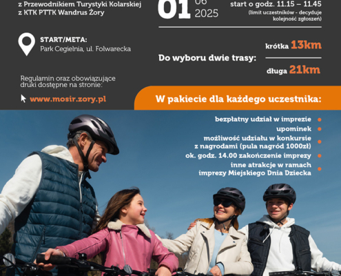 na plakacie informacje o rajdzie rowerowym, logo i zdjęcie rodziny z rowerami na zewnętrz