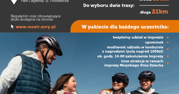 na plakacie informacje o rajdzie rowerowym, logo i zdjęcie rodziny z rowerami na zewnętrz