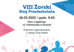 na grafice na białym tle informacje o biegu przedszkolaka, logo i ilustracja biegnących dzieci