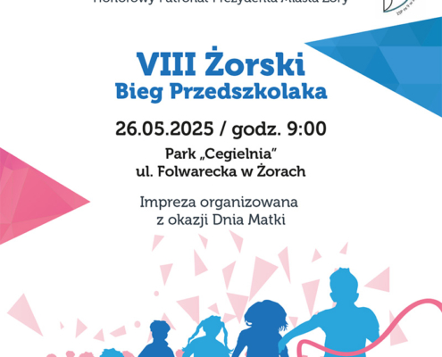 na grafice na białym tle informacje o biegu przedszkolaka, logo i ilustracja biegnących dzieci