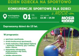 na plakacie na zielonym tle zdjęcie biegnących dzieci, informacje o wydarzeniu sportowym i logo