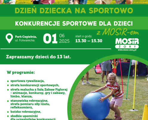na plakacie na zielonym tle zdjęcie biegnących dzieci, informacje o wydarzeniu sportowym i logo