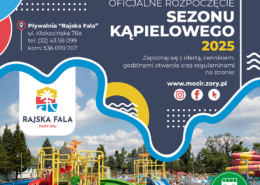 na grafikach informacje o otwarciu kąpieliska, cenniki, zdjęcia obiektu i atrakcji wodnych i logo