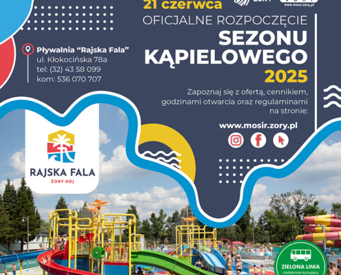 na grafikach informacje o otwarciu kąpieliska, cenniki, zdjęcia obiektu i atrakcji wodnych i logo