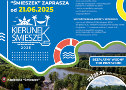 na grafikach na niebieskim tle informacje o sezonie na Śmieszku, zdjęcia kąpieliska, logo i cennik