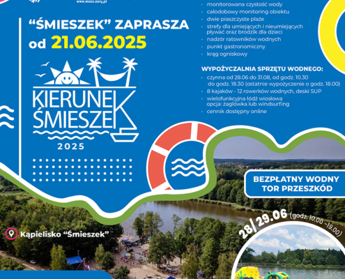 na grafikach na niebieskim tle informacje o sezonie na Śmieszku, zdjęcia kąpieliska, logo i cennik