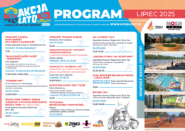 na kolorowym plakacie harmonogram wydarzeń na lipiec, zdjęcia obiektów MOSiR, logo, ikonki sportowe i szkic Żorka