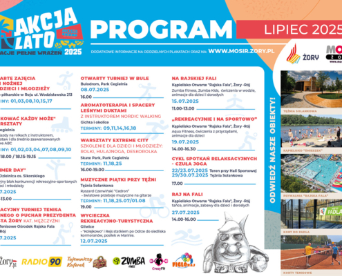 na kolorowym plakacie harmonogram wydarzeń na lipiec, zdjęcia obiektów MOSiR, logo, ikonki sportowe i szkic Żorka