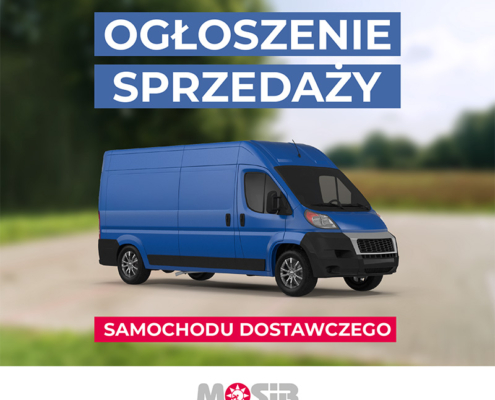 na grafice ilustracja niebieskiego samochodu dostawczego, logo i informacja o ogłoszeniu sprzedaży