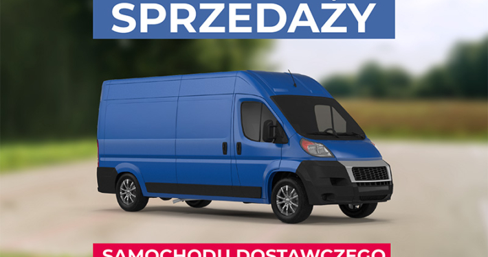 na grafice ilustracja niebieskiego samochodu dostawczego, logo i informacja o ogłoszeniu sprzedaży