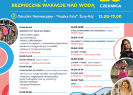 plakat zapowiada letnią imprezę z atrakcjami dla dzieci i dorosłych – animacjami, zabawami w wodzie, zumbą, jogą i pokazami ratownictwa. Utrzymany jest w wakacyjnych kolorach z grafikami i zdjęciami uczestników