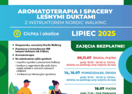 na kolorowym plakacie informacje o letnich wydarzeniach, logo oraz ilustracja nordic walking