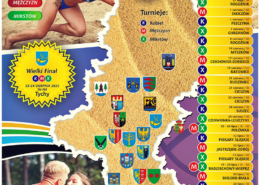 plakat przedstawia siatkarzy plażowych, mapę Śląska z herbami miast, terminy i miejsca turniejów oraz informacje o finale i kategoriach rozgrywek