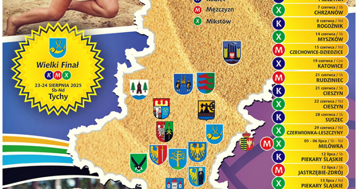 plakat przedstawia siatkarzy plażowych, mapę Śląska z herbami miast, terminy i miejsca turniejów oraz informacje o finale i kategoriach rozgrywek
