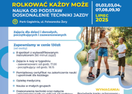 na niebieskim plakacie informacje o szkółce rolkowej, logo i zdjęcie dzieci z instruktorem na rolkach