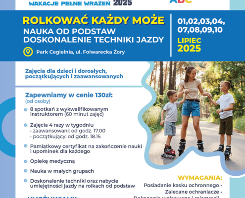na niebieskim plakacie informacje o szkółce rolkowej, logo i zdjęcie dzieci z instruktorem na rolkach