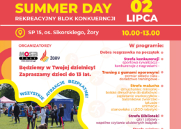 na kolorowym plakacie informacje o wydarzeniu, logo i zdjęcie dziewczynki toczącej dmuchaną piłkę na trawie