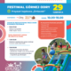 Plakat zapowiada letni Festiwal Górnej Odry na przystani „Śmieszek” z atrakcjami sportowymi i rodzinnymi dla dzieci i dorosłych; zawiera kolorowe grafiki, m.in. logo „Akcja Lato”, ikony lokalizacji i zegara, zdjęcia dzieci bawiących się na dmuchańcach i torze przeszkód, oraz motywy fal i palm