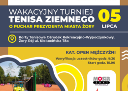 na plakacie znajduje się kolorowa zapowiedź letniego turnieju tenisa ziemnego dla mężczyzn, z grafiką kortu i rakiety tenisowej