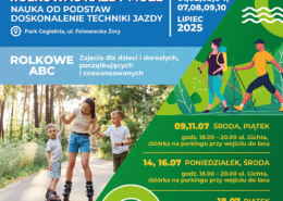 na kolorowym plakacie informacje o letnich wydarzeniach, logo i zdjęcie dzieci z instruktorem na rolkach oraz ilustracja nordic walking