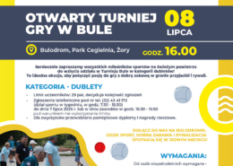 na plakacie informacje o turnieju gry w bule, zdjęcie zawodników na bulodromie i logo