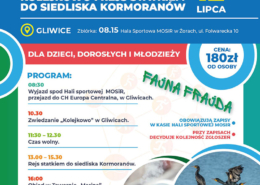plakat przedstawia wycieczkę rekreacyjną do Gliwic z atrakcjami takimi jak zwiedzanie makiety kolejowej, rejs statkiem i obiad, logo i zdjęcia atrakcji