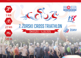 na grafice informacje o zapisach na Żorski Cross Triathlon, logo i zdjęcie uczestników na Śmieszku