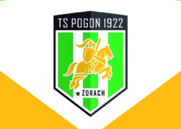 na grafice zielono-żółte logo TS Pogoń 19220 w Żorach na białym tle
