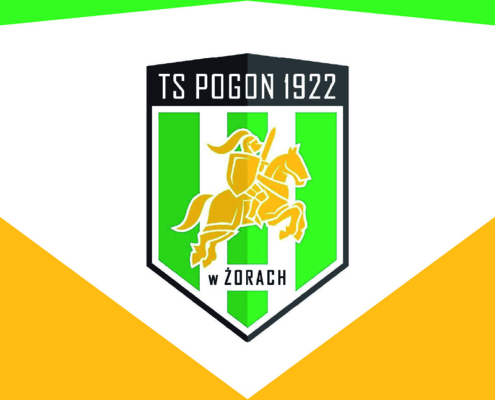 na grafice zielono-żółte logo TS Pogoń 19220 w Żorach na białym tle
