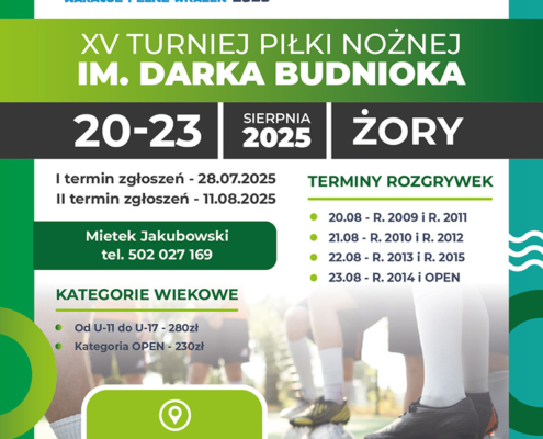 na plakacie informacje o turnieju piłki niżnej, zdjęcie piłkarzy z piłkami oraz logo