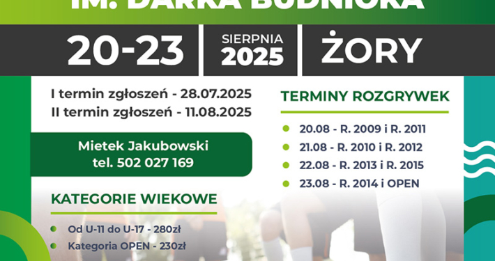 na plakacie informacje o turnieju piłki niżnej, zdjęcie piłkarzy z piłkami oraz logo