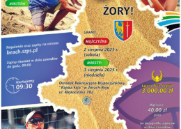plakat przedstawia siatkarzy plażowych, mapę Śląska z herbami miast, terminy i miejsca turniejów oraz informacje o finale i kategoriach rozgrywek