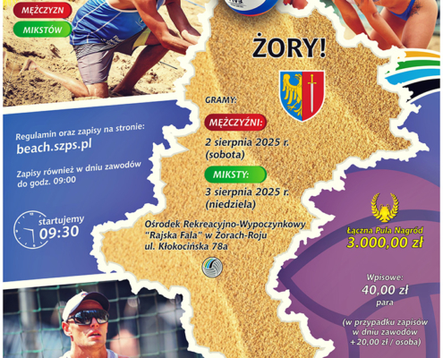 plakat przedstawia siatkarzy plażowych, mapę Śląska z herbami miast, terminy i miejsca turniejów oraz informacje o finale i kategoriach rozgrywek