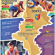 plakat przedstawia siatkarzy plażowych, mapę Śląska z herbami miast, terminy i miejsca turniejów oraz informacje o finale i kategoriach rozgrywek