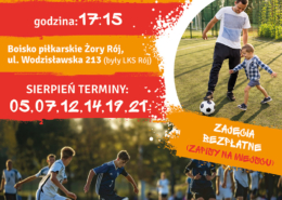 na niebieskim plakacie informacje o zajęciach z piłki nożnej, zdjęcie zawodników na boisku i logo