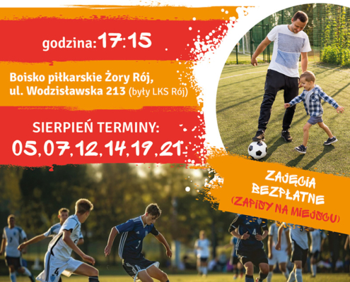 na niebieskim plakacie informacje o zajęciach z piłki nożnej, zdjęcie zawodników na boisku i logo