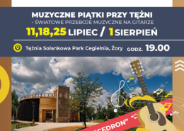 na plakacie zdjęcie tężni solankowej, ilustracja gitary, logo, informacje o wydarzeniu