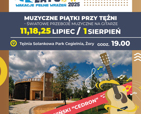 na plakacie zdjęcie tężni solankowej, ilustracja gitary, logo, informacje o wydarzeniu
