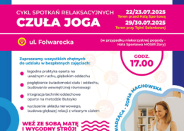 na plakacie informacja o zajęciach jogi, zdjęcie ćwiczącej kobiety i logo