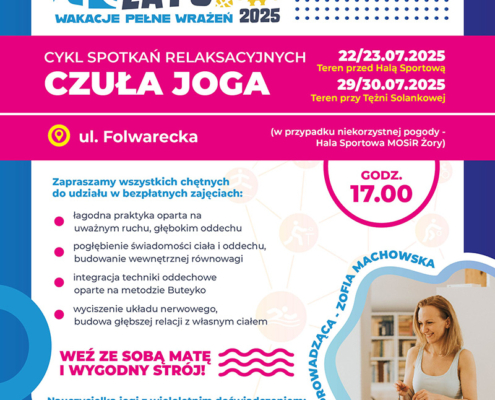 na plakacie informacja o zajęciach jogi, zdjęcie ćwiczącej kobiety i logo