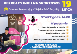 Na plakacie widać zapowiedź letniego wydarzenia sportowo-rekreacyjnego z atrakcjami wodnymi i zajęciami ruchowymi