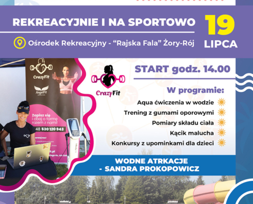 Na plakacie widać zapowiedź letniego wydarzenia sportowo-rekreacyjnego z atrakcjami wodnymi i zajęciami ruchowymi