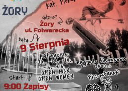 na plakacie informacje o Mistrzostwach Polski w jeździe na hulajnodze, logo i zdjęcie zawodnika na skate parku podczas wykonywania tricku