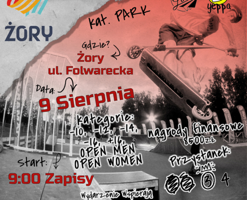 na plakacie informacje o Mistrzostwach Polski w jeździe na hulajnodze, logo i zdjęcie zawodnika na skate parku podczas wykonywania tricku