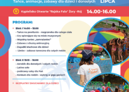 na plakacie widać zapowiedź animacji i sportowych aktywności na kąpielisku, logo i zdjęcia dzieci podczas zabawy